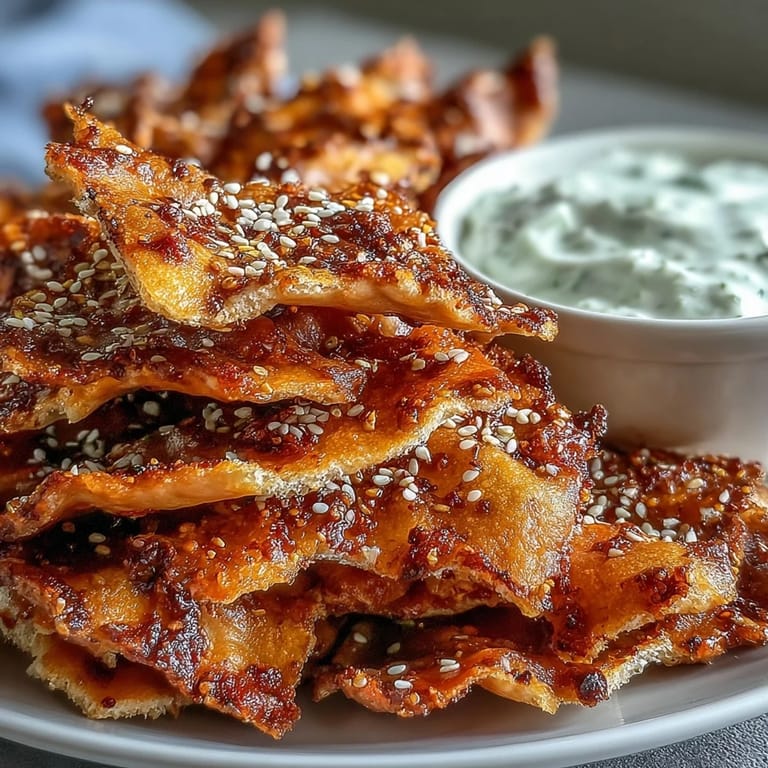 Freshly baked Spicy Chili Crisp Garlic Naan Chips are topped with chili crisp oil and served next to a cool creamy dip.