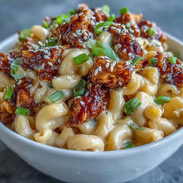 A close-up view of Korean-Style Turkey Mac & Cheese served in a white bowl for dinner.
