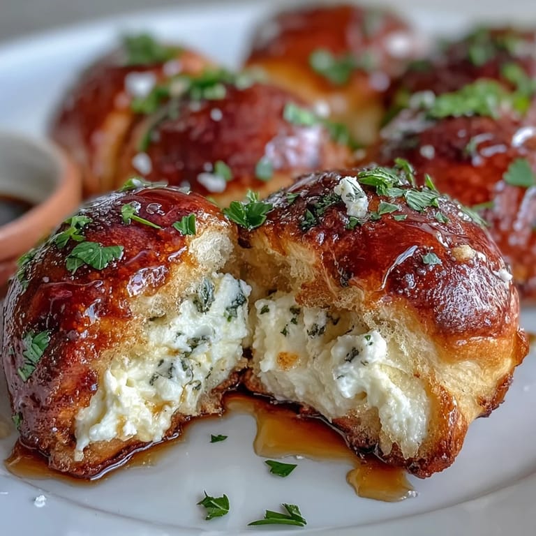 Freshly baked Hot Honey Ricotta Stuffed Garlic Knots served warm with a side of extra hot honey drizzle.