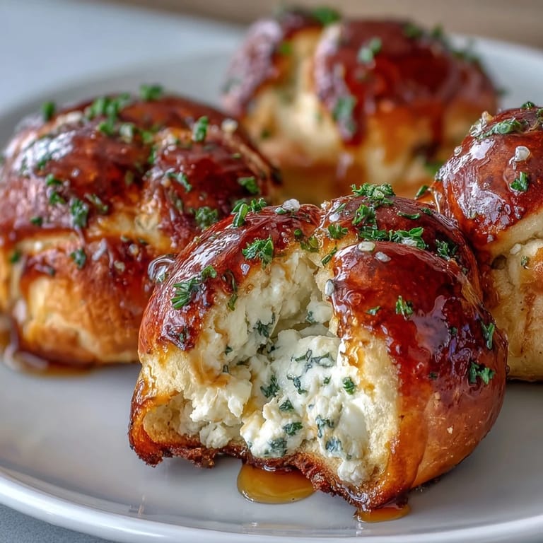 Soft and cheesy Hot Honey Ricotta Stuffed Garlic Knots on a rustic wooden board garnished with fresh parsley.