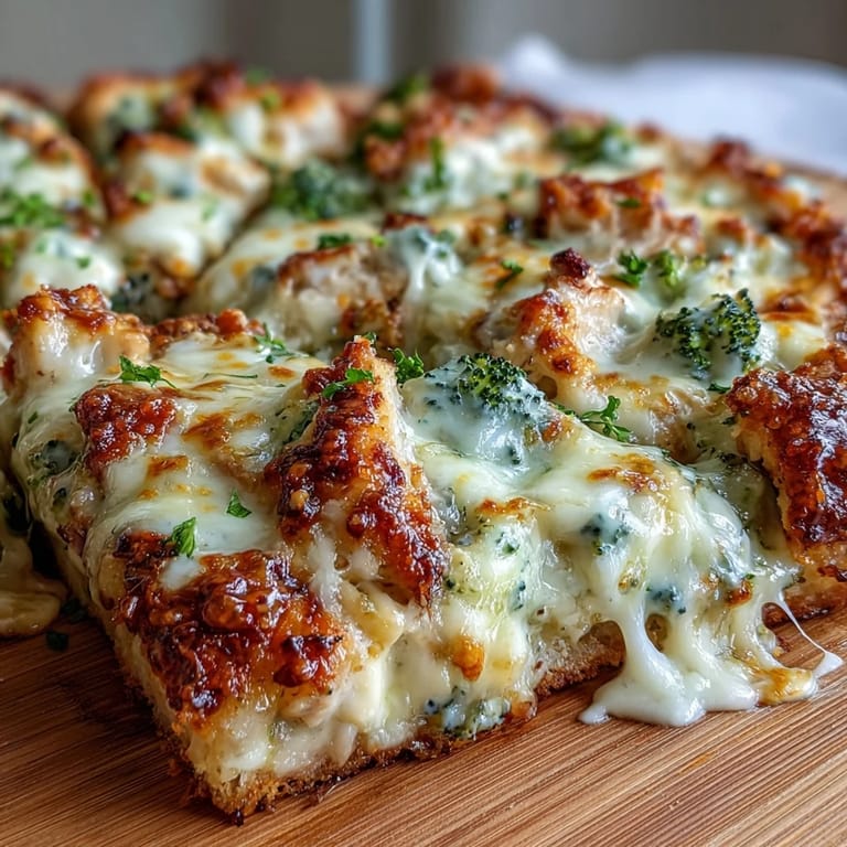A slice of Garlic Parmesan Chicken & Broccoli Pizza is lifted, revealing gooey mozzarella and fresh green broccoli florets on a thin crust.