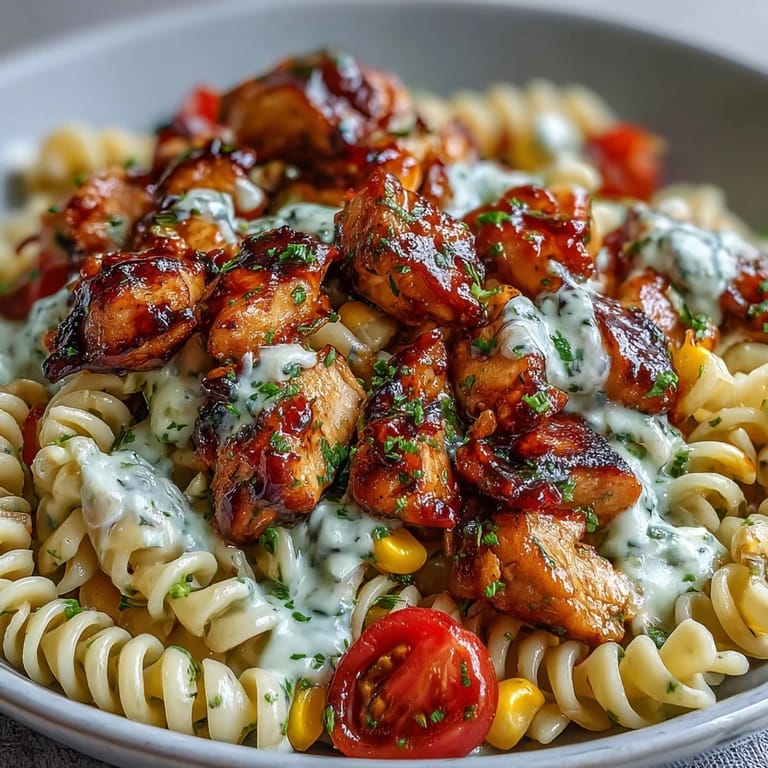 A close-up view of Honey BBQ Chicken Pasta Salad showcases juicy cherry tomatoes, sweet corn, and tender chicken tossed in a smoky, creamy dressing.
