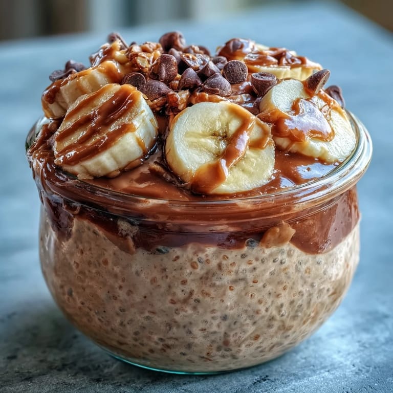 Rich chocolate chia pudding with ripe banana and peanut butter layers, ready to enjoy after overnight chilling for a grab-and-go snack.
