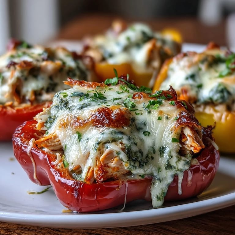 Colorful mini sweet peppers filled with creamy pesto chicken, perfect for a gluten-free appetizer spread.