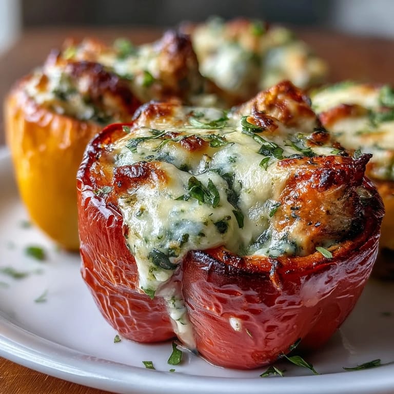 Close-up of Pesto Chicken Stuffed Sweet Peppers with herbs, ideal for a light Italian-inspired dinner.