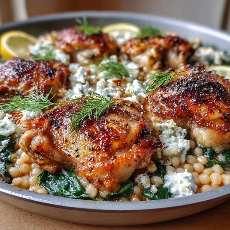 Freshly baked Creamy Greek Chicken & Pearl Couscous Bake served in a rustic dish, featuring tender chicken thighs and creamy yogurt sauce topped with herbs.