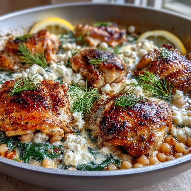Close-up of Creamy Greek Chicken & Pearl Couscous Bake highlighting juicy lemon-oregano chicken nestled in couscous with wilted spinach and crumbled feta cheese.