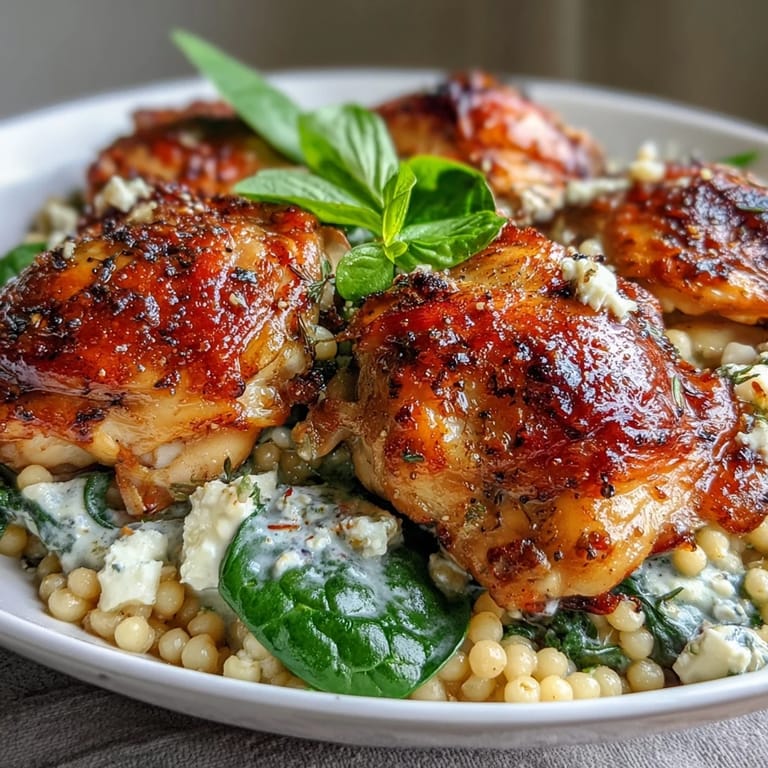 Creamy Greek Chicken & Pearl Couscous Bake features bubbling Mediterranean flavors and fresh herbs in a one-pan meal.