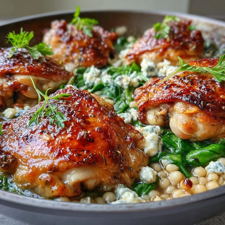 Tender chicken and pearl couscous are baked with spinach and feta, garnished with lemon wedges and dill.