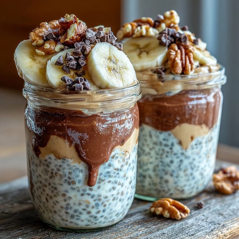 Luscious breakfast jars feature Chunky Monkey overnight chia pudding with peanut butter swirls and dark chocolate chips.