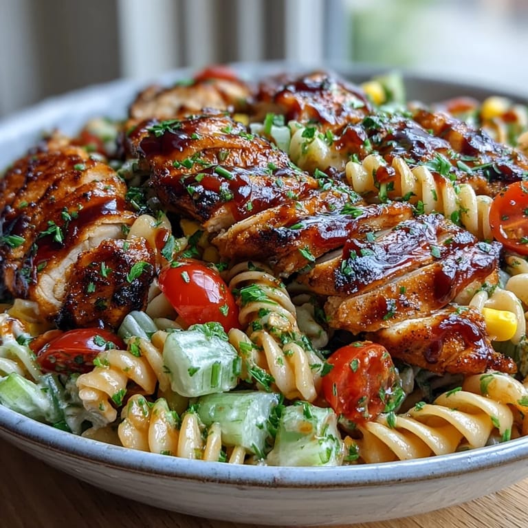 Bright Honey BBQ Chicken Pasta Salad served chilled for a summer potluck, garnished with fresh chives and a hint of paprika.