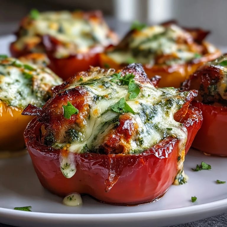 A close-up view of Pesto Chicken Stuffed Sweet Peppers revealing juicy chicken and melted mozzarella inside.
