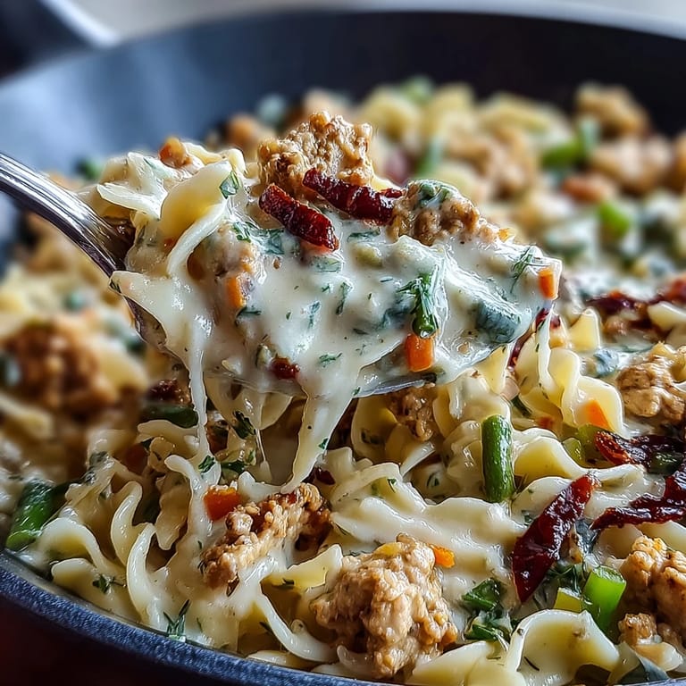 Sizzling ground turkey and mixed vegetables coated in tangy ranch cream sauce, garnished with parsley in a skillet ready to serve.