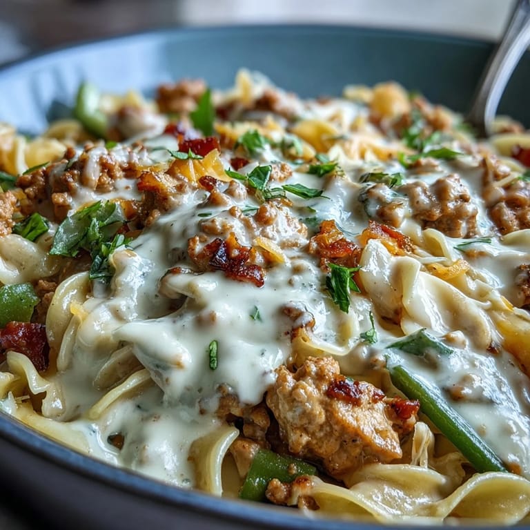 Hearty weeknight dinner plate featuring creamy ranch turkey and veggie skillet over rice, steaming and rich with cheddar and sour cream.