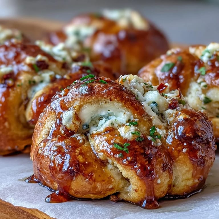 Close-up of Hot Honey Ricotta Stuffed Garlic Knots drizzled with spicy honey next to a glass of red wine.