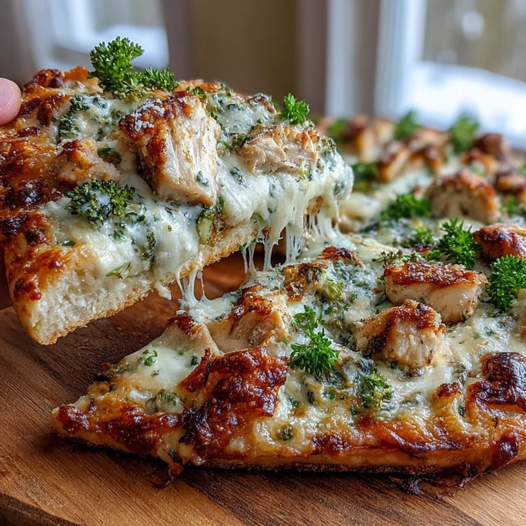 Freshly baked Garlic Parmesan Chicken & Broccoli Pizza sliced into wedges, revealing tender chicken and a creamy white sauce.