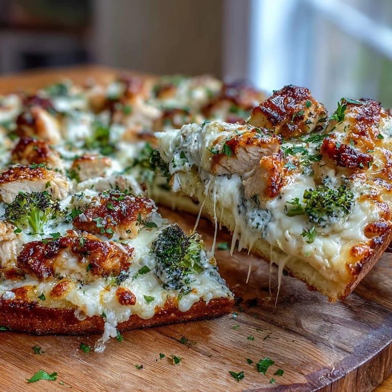 Overhead view of a Garlic Parmesan Chicken & Broccoli Pizza with fresh parsley garnish and red pepper flakes.