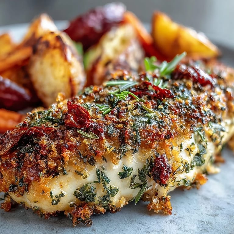 Fragrant herb-crusted chicken nestled among caramelized root vegetables, offering a wholesome and satisfying family meal.  