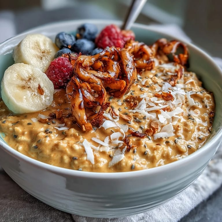 Wholesome vegan turmeric and ginger overnight oats, garnished with chopped nuts and a sprinkle of cinnamon for a warming, energizing start to the day.
