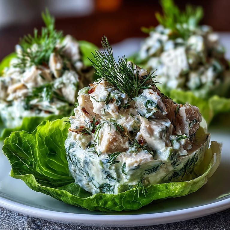 Creamy avocado and tender chicken combined with fresh herbs, served in crunchy lettuce cups.  