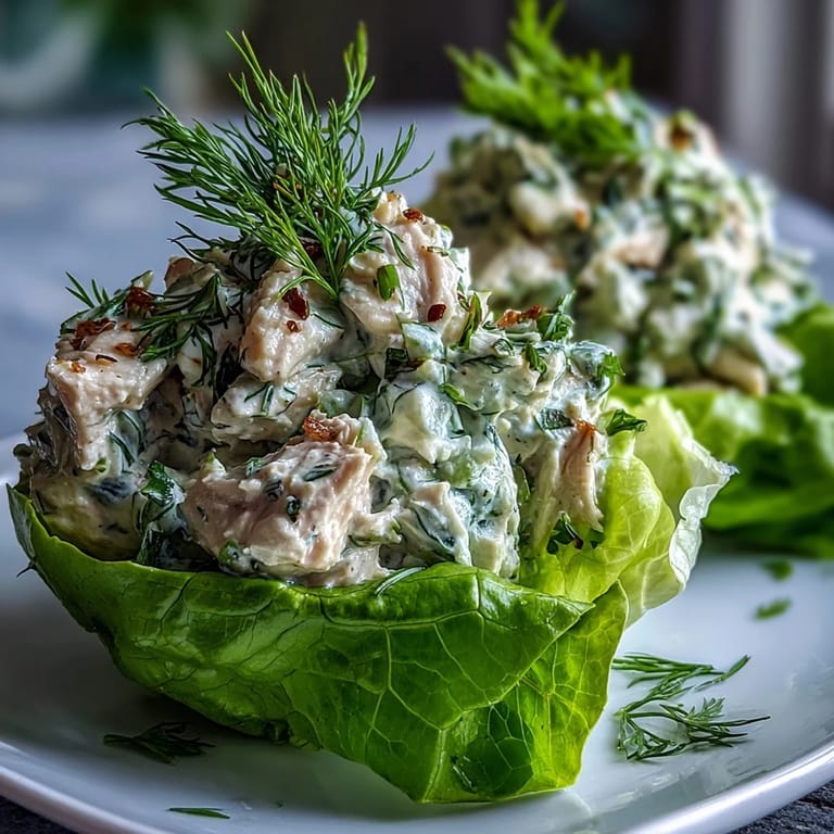 Protein-packed chicken salad with avocado and herbs, spooned into fresh lettuce cups for a light meal.