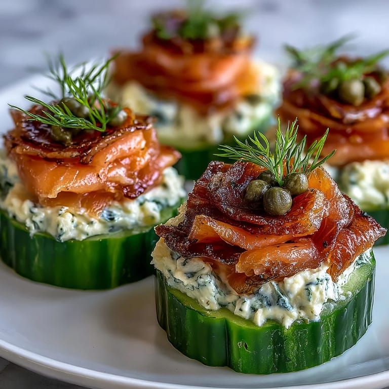 Low-carb appetizer featuring cucumber slices topped with creamy dill-infused cheese and smoked salmon, garnished with fresh dill.