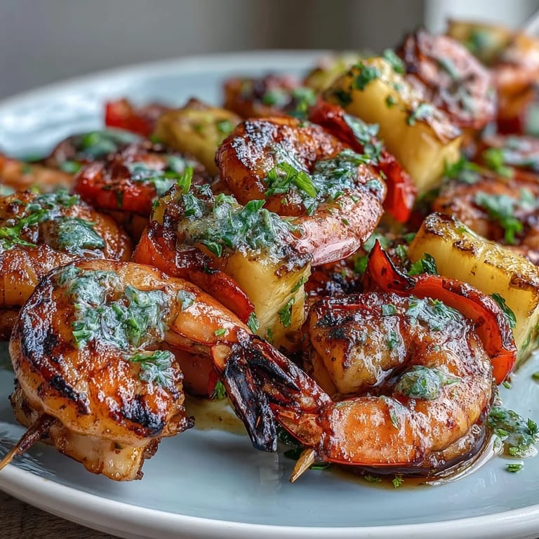 A colorful platter of grilled shrimp and pineapple skewers, bursting with zesty cilantro-lime marinade and smoky char from the grill, perfect for warm-weather dining.