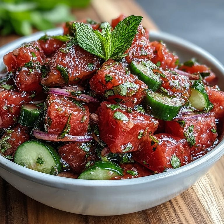 Cool and hydrating watermelon cucumber mint salad, perfect for hot days and light, healthy eating with a burst of flavor.