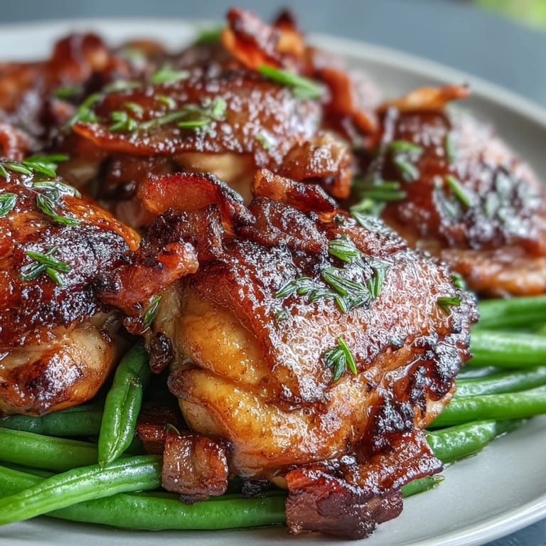 Creamy ranch-seasoned chicken thighs with smoky bacon, served alongside fresh green beans for a low-carb dinner.  