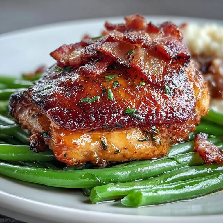 Juicy bone-in chicken thighs baked with ranch spices and bacon, paired with tender green beans for a keto-friendly meal.