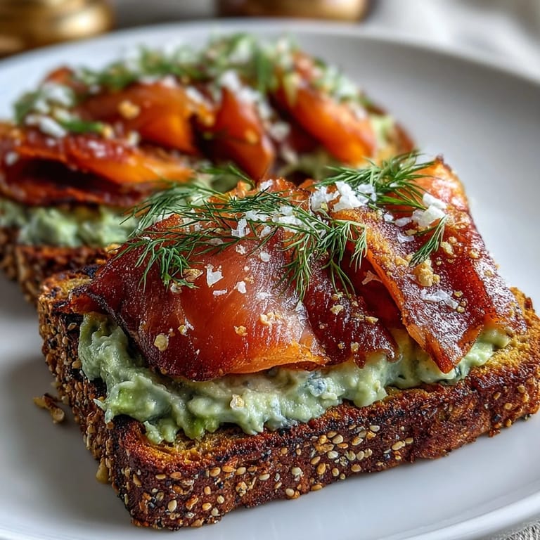 Fluffy keto bread slices topped with mashed avocado, smoked salmon, and everything bagel seasoning for a flavorful low-carb breakfast or brunch.