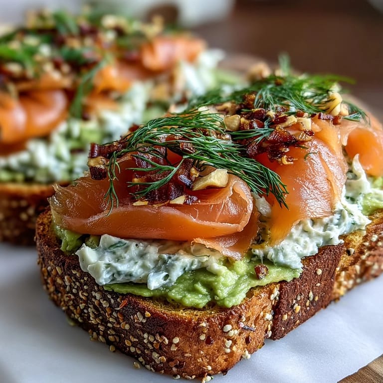 Smoked salmon and avocado on toasted keto bread, garnished with everything seasoning and fresh dill for a healthy, gluten-free meal.