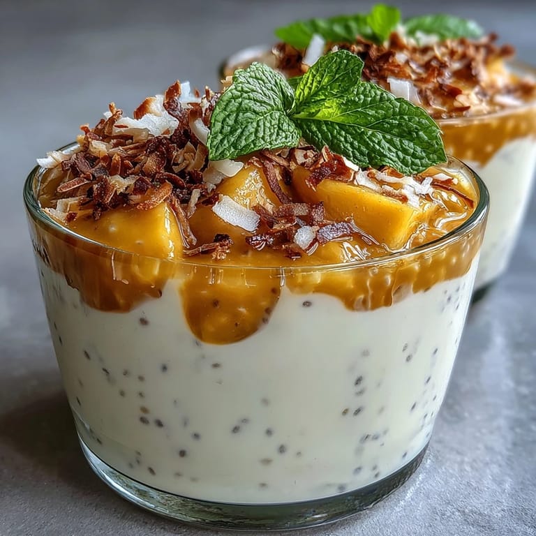 Refreshing Vegan Mango Sago-Inspired Chia Pudding Cups: luscious layers of coconut chia pudding and sweet mango purée, topped with toasted coconut for a tropical treat.