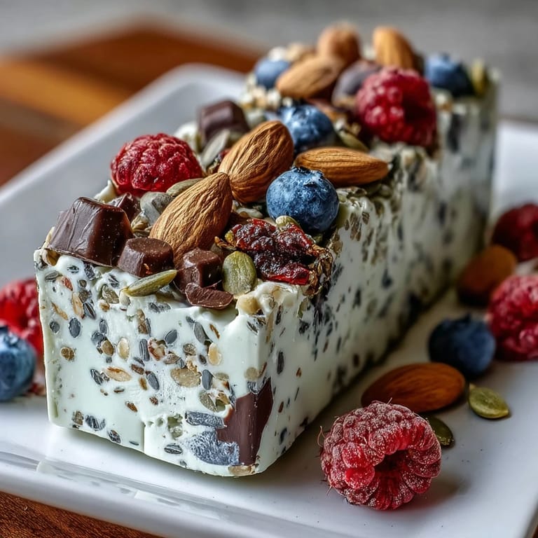 Frozen yogurt bark layered with berries, almonds, and seeds, offering a refreshing, high-protein morning treat.