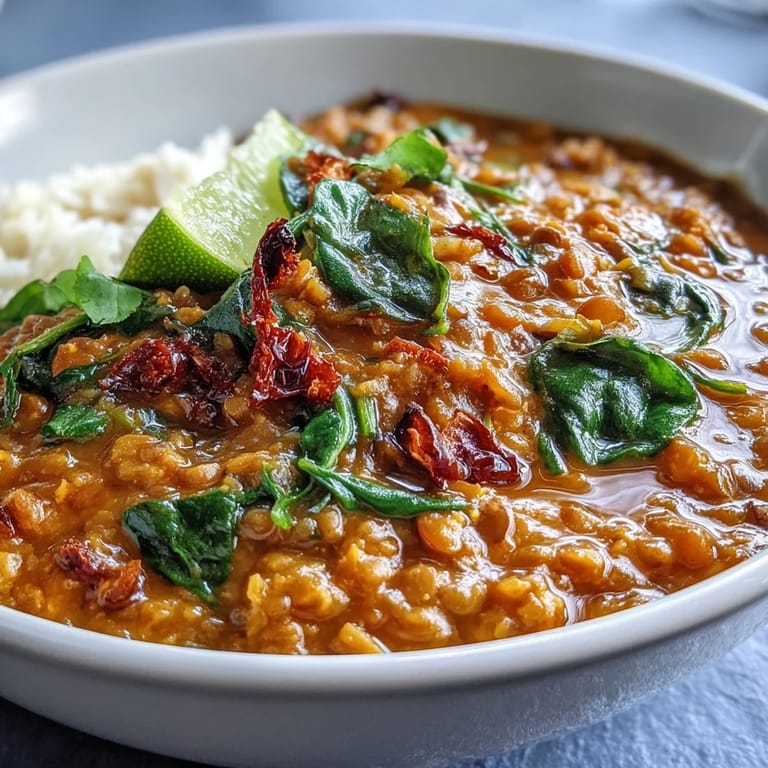 Creamy vegan lentil dahl simmered in coconut milk with vibrant spinach, aromatic spices, and zesty lime for a nourishing meal.