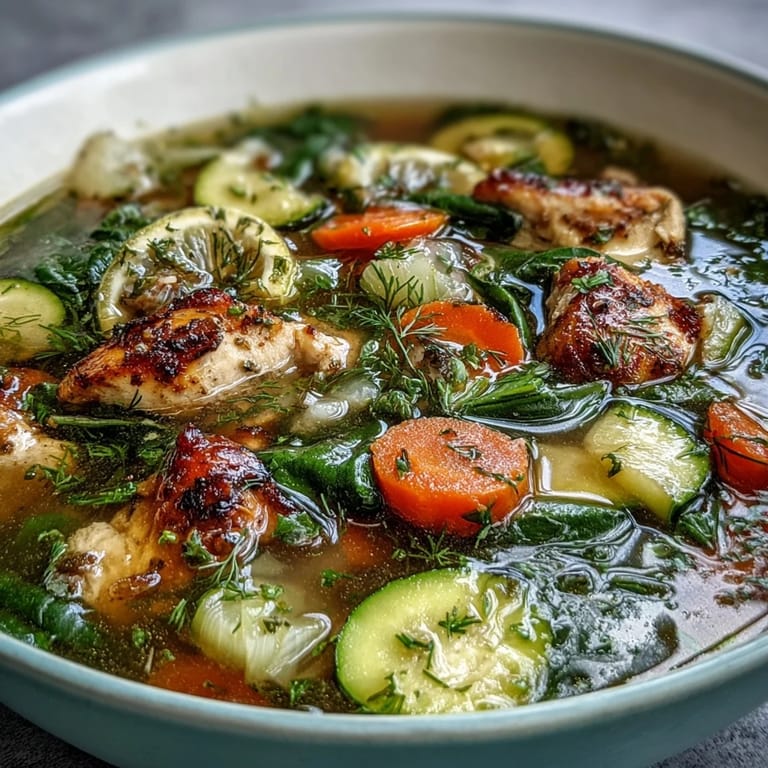 Bright and nourishing One-Pot Chicken and Veggie Detox Soup with colorful carrots, zucchini, spinach, and a fragrant herb garnish.  