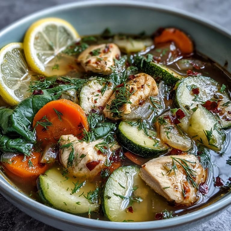Hearty One-Pot Chicken and Veggie Detox Soup with chunks of chicken, diced potatoes, and fresh parsley, served with crusty bread on the side.