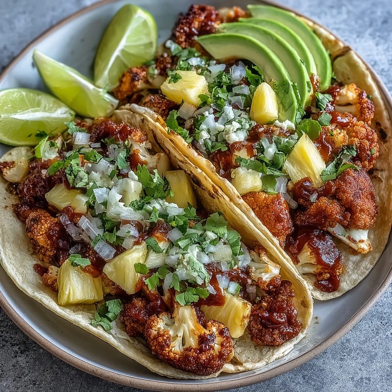 Roasted cauliflower in smoky BBQ sauce, nestled in warm tortillas with vibrant pineapple salsa. Colorful vegan taco recipe.  