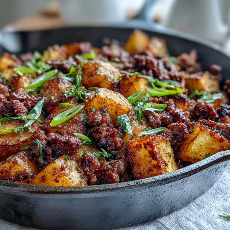 Golden-brown potatoes and seasoned ground beef simmered in rich tomato sauce, perfect for meal prep.