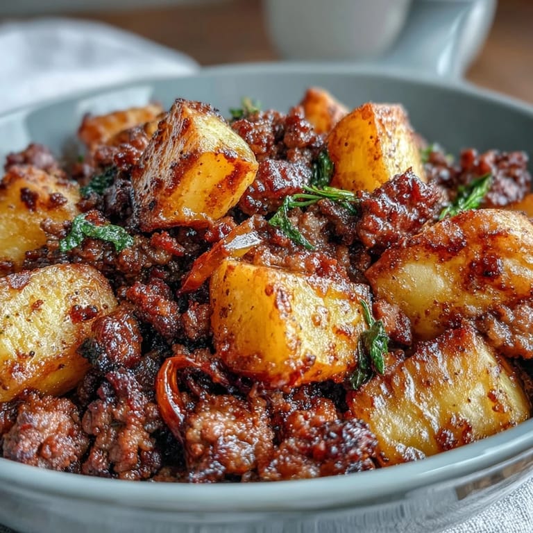 One-pan high protein ground beef and potatoes dish with tender cubes and aromatic herbs.