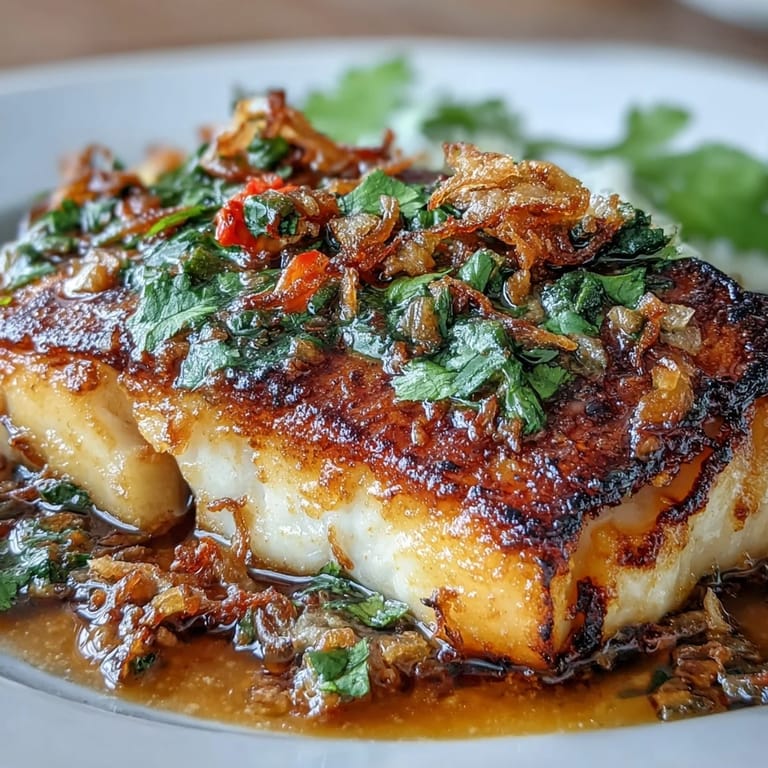 Elegant white fish fillets finished with a zesty chilli-lime glaze, sprinkled with fresh cilantro and crispy shallots for a bright, flavorful meal.