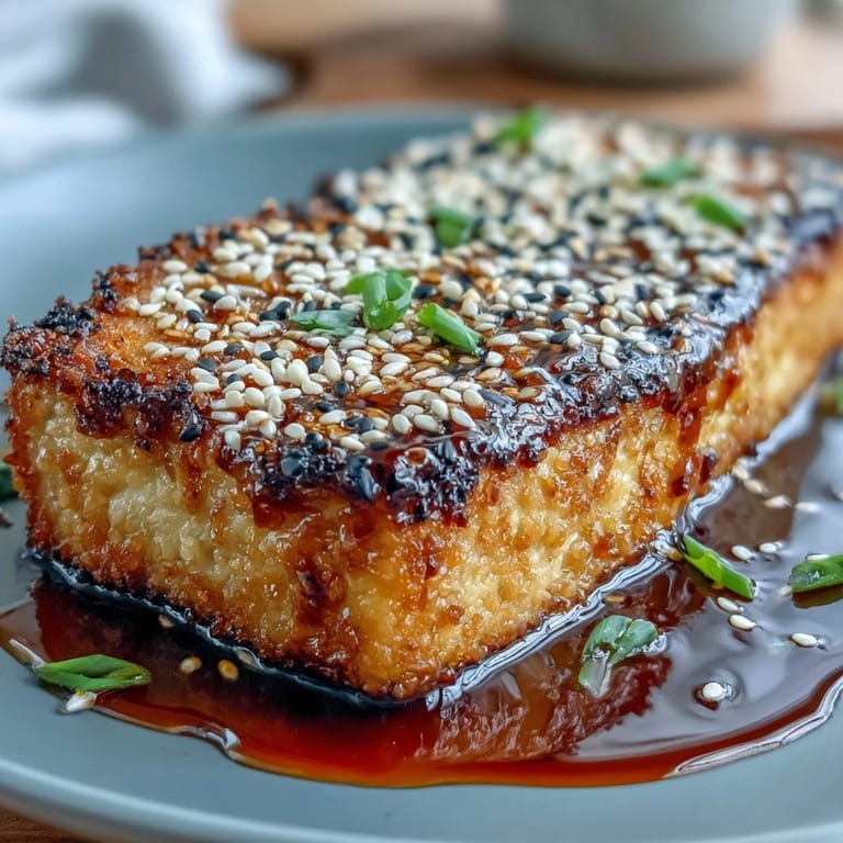 Pan-seared tofu slabs glazed with glossy teriyaki sauce, garnished with fresh scallions and served alongside steamed jasmine rice for a vibrant meal.  