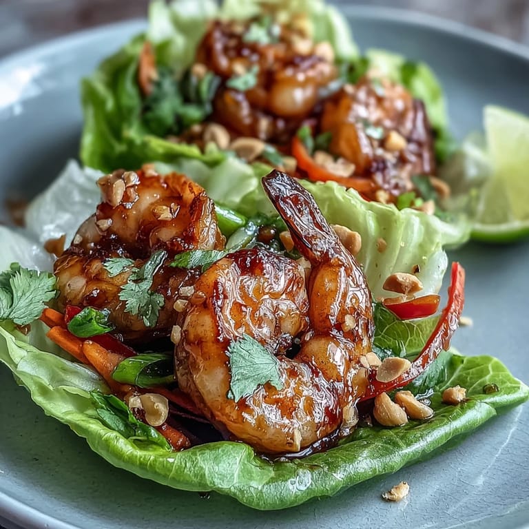 Vibrant lettuce wraps filled with succulent shrimp, julienned vegetables, and zesty lime, served with a rich, nutty peanut dipping sauce.  