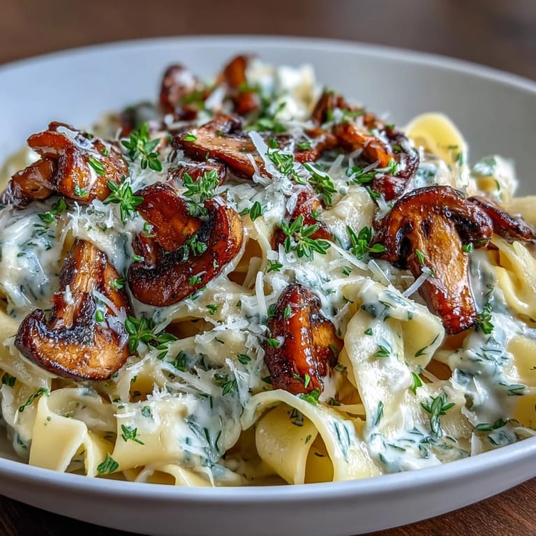One-pot vegetarian pasta dish with mixed mushrooms, fresh thyme, and heavy cream, garnished with grated Parmesan and served in a deep skillet.