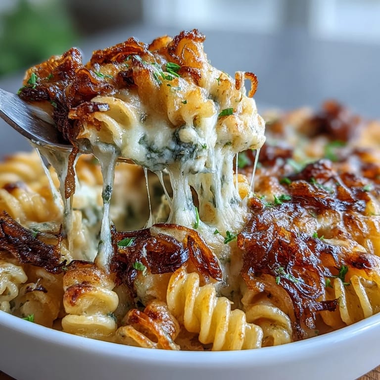 Golden-baked French onion soup pasta casserole with a cheesy crust and sweet, slow-cooked onion topping.
