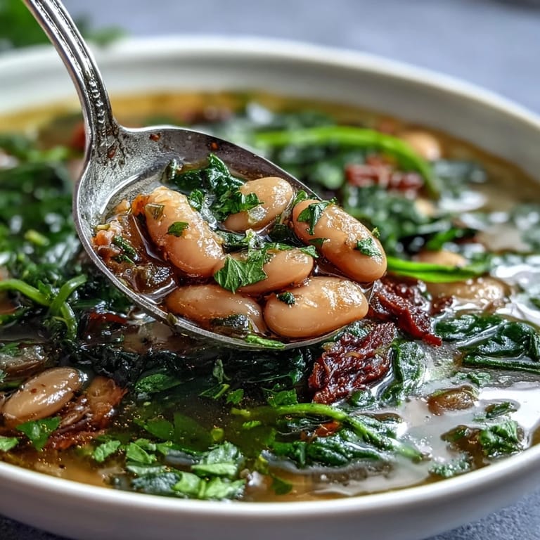 Creamy cannellini beans and wilted spinach in a savory herb broth, perfect for cozy dinners.  