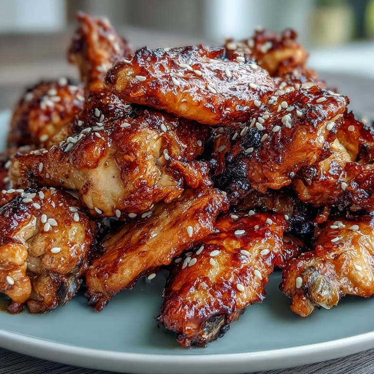 Golden-brown air fryer chicken wings tossed in a savory honey garlic glaze, topped with fresh green onions and sesame seeds.