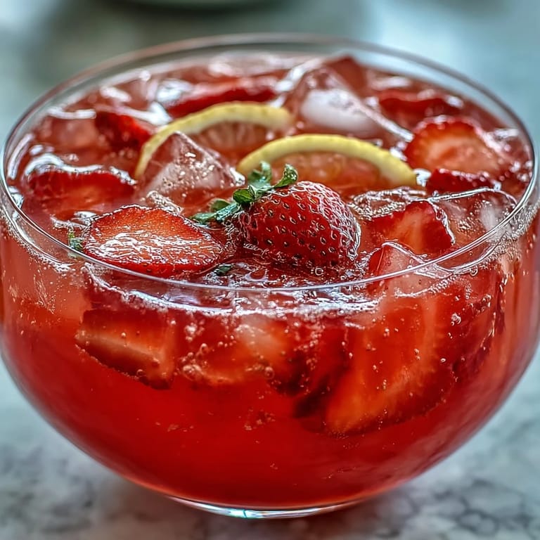 Refreshing Galentines Pink Lemonade Strawberry Punch served in a bowl with mint and lemon garnishes.