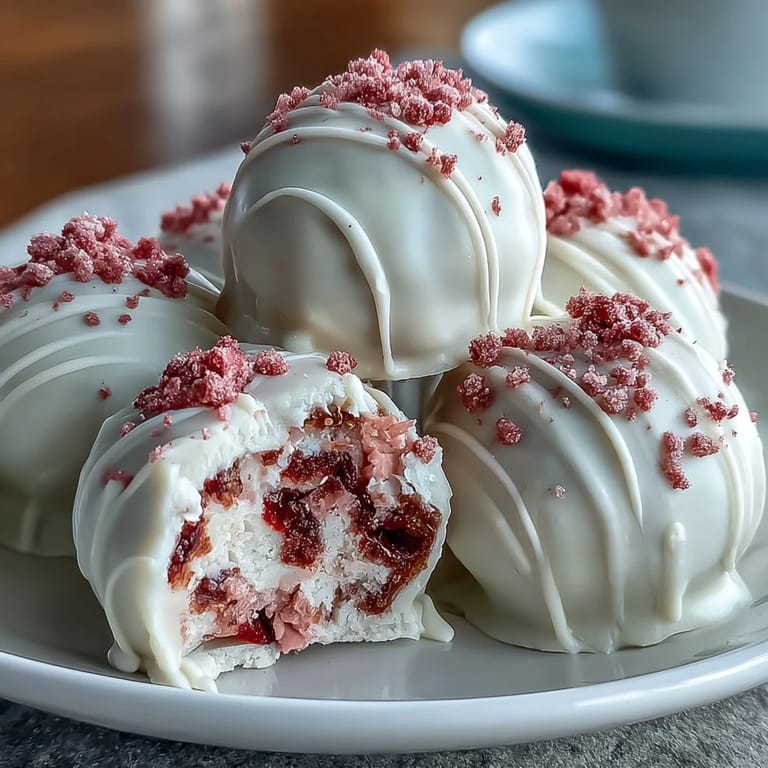 Creamy white chocolate-covered strawberry truffles, perfect for Valentine's Day or as a sweet homemade gift.