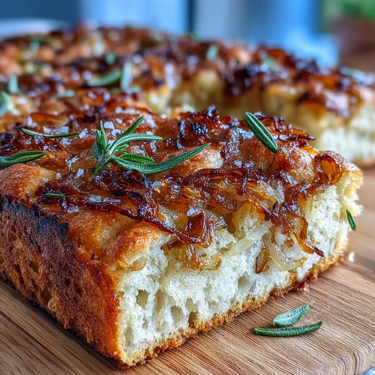 Homemade sourdough focaccia bread, baked to perfection and crowned with rich, caramelized onions.